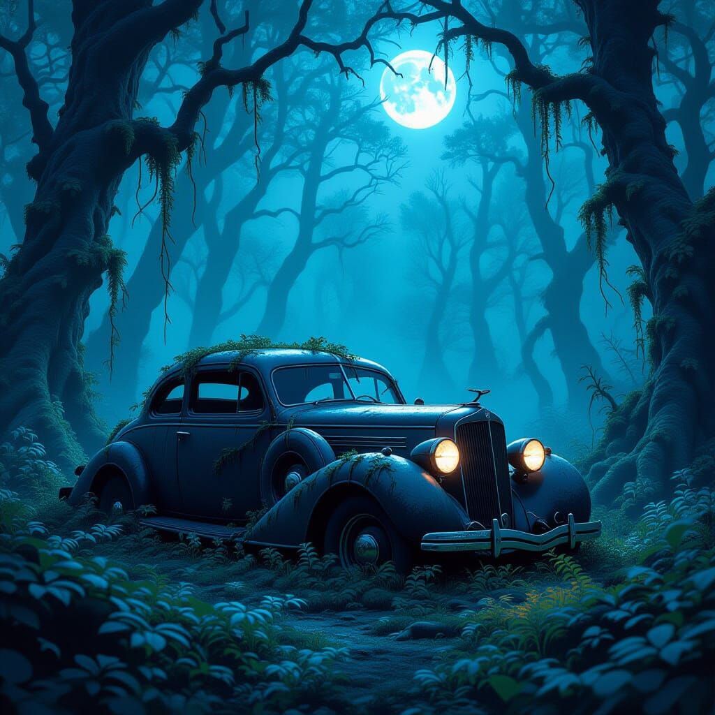 Abandoned Car in Misty Forest Clearing with Bioluminescent F...
