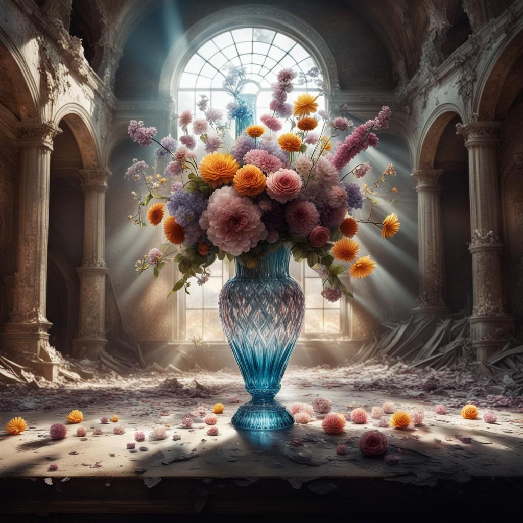Crystal Flower Vase in Ruined Building: Long Exposure