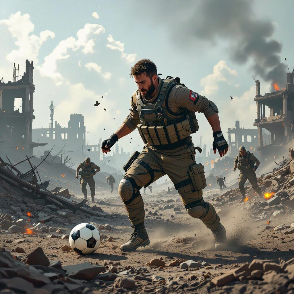 Soccer Player on War-Torn Battlefield