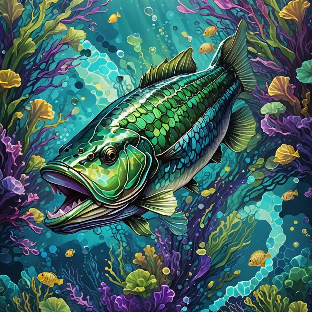 Giant Bioluminescent Bass in Turquoise Ocean: Digital Art