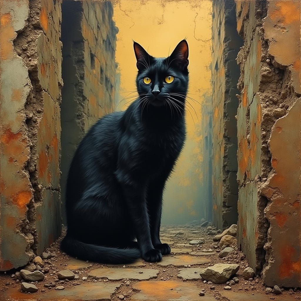 Black Cat Portrait in Ruined City on Parchment