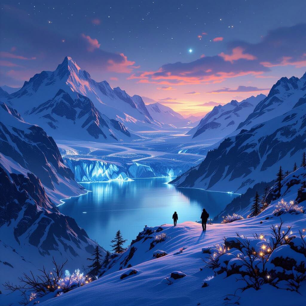 Ethereal Swiss Alps at Twilight with Bioluminescent Flora