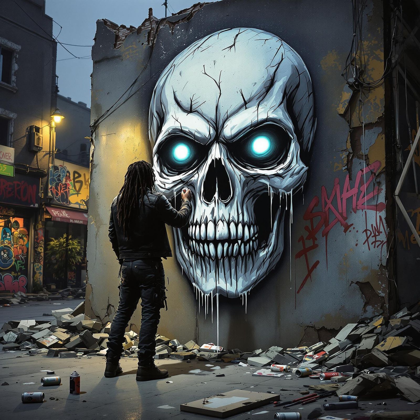Confident Post-Apocalyptic Warrior Unveils Eerie Skull Graff...