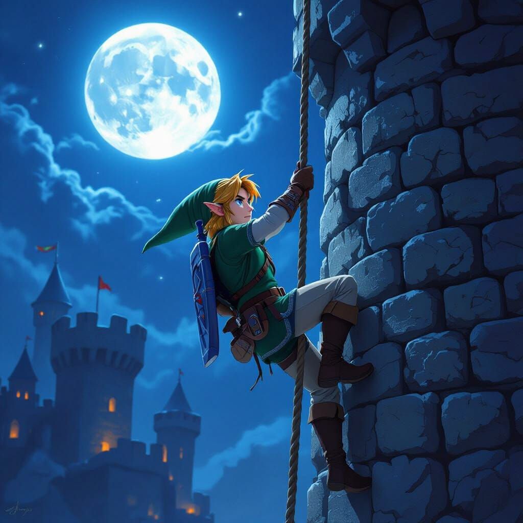 Link Ascends Castle Tower Under Moonlight