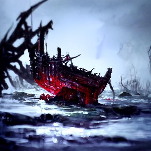 Shipwreck in Blood Sea: Gothic Horror Art