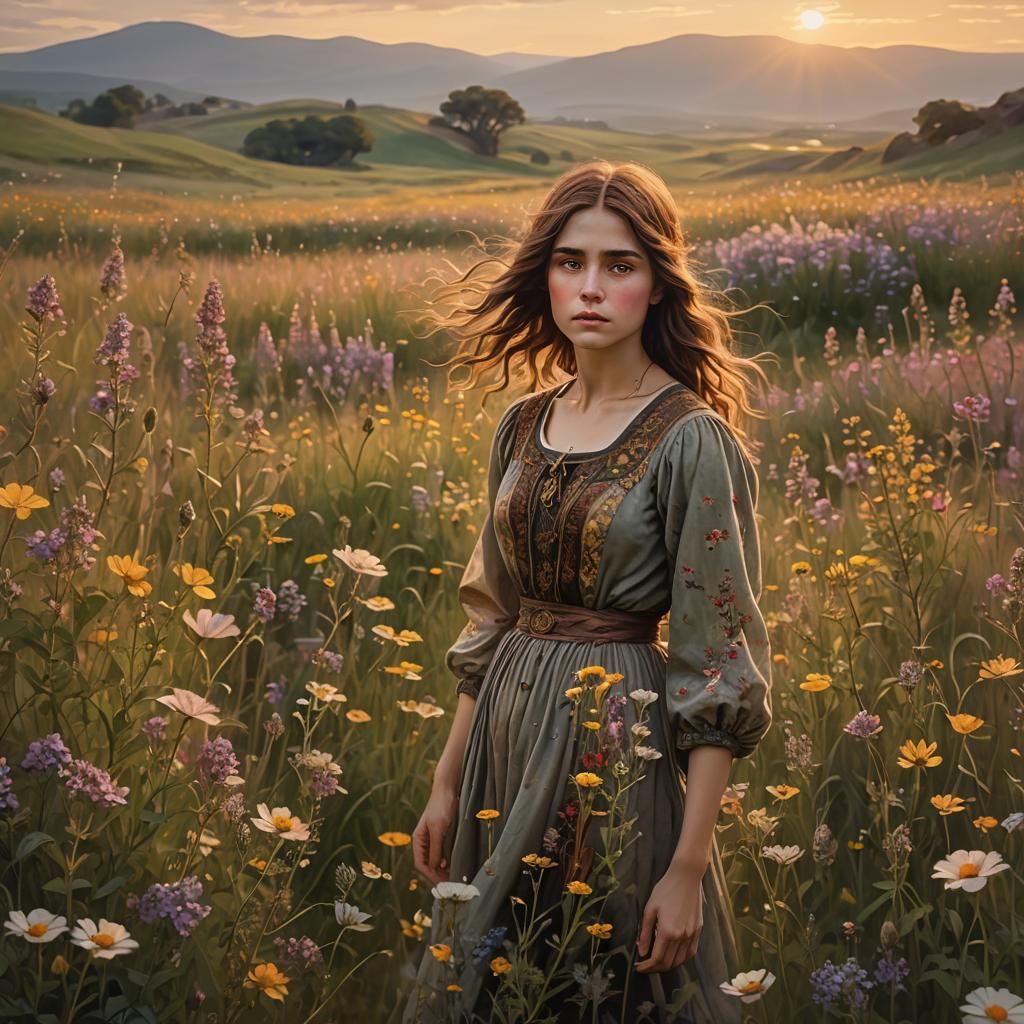 Woman in Wildflower Field, Pre-Raphaelite Style