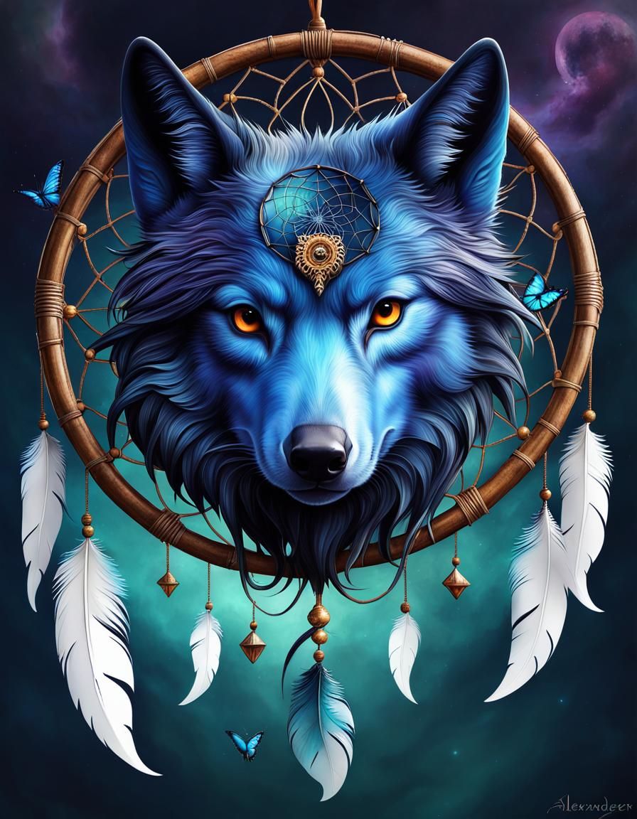 Surreal Wolf Spirit Dreamcatcher in Steampunk Style