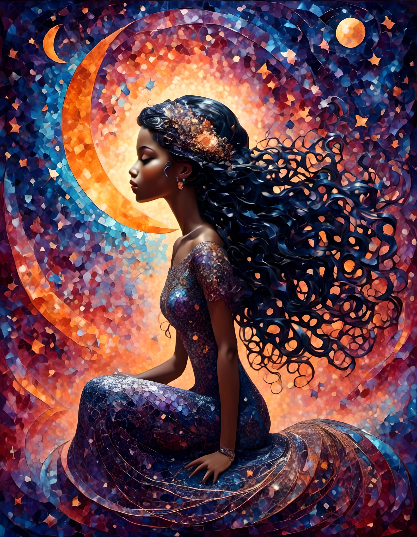 A girl in a lacy dress sits on a crescent moon looking down towards the world, the sky is dark with black and silver gl...