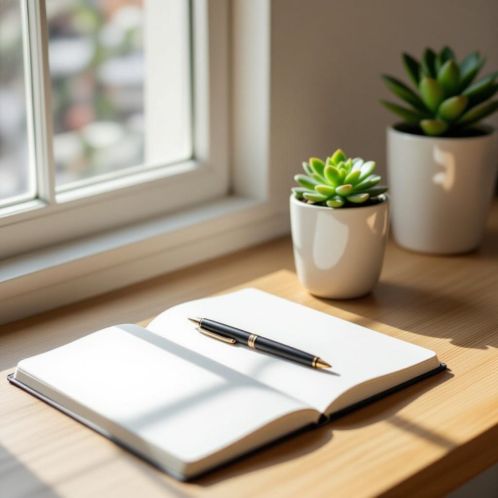Minimalist Desk Scene: Notebook, Pen, and Plant in Soft Ligh...
