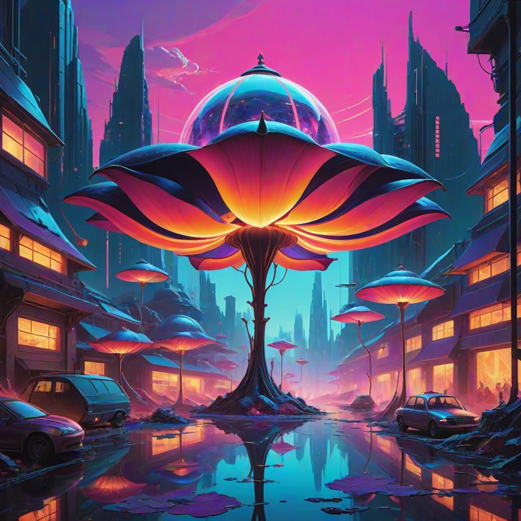 Surreal Neon Lotus in Cyberpunk Metropolis