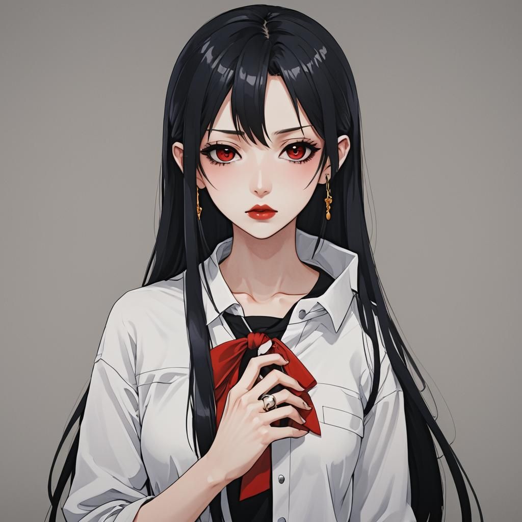 Anime Girl with Black Hair and Red Lips