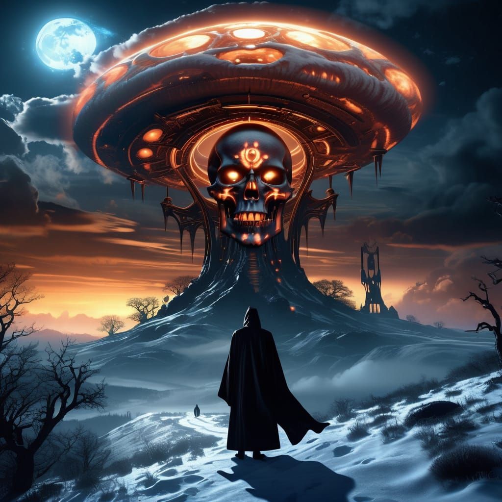 Vampire Gazing at Skull Mothership: Digital Splash Art