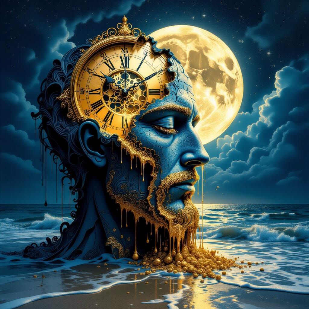 Surreal Melting Clock Head in Stormy Moonlight