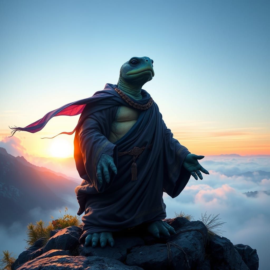 A wise, old, anthropomorphic turtle, clad in flowing shaman ...