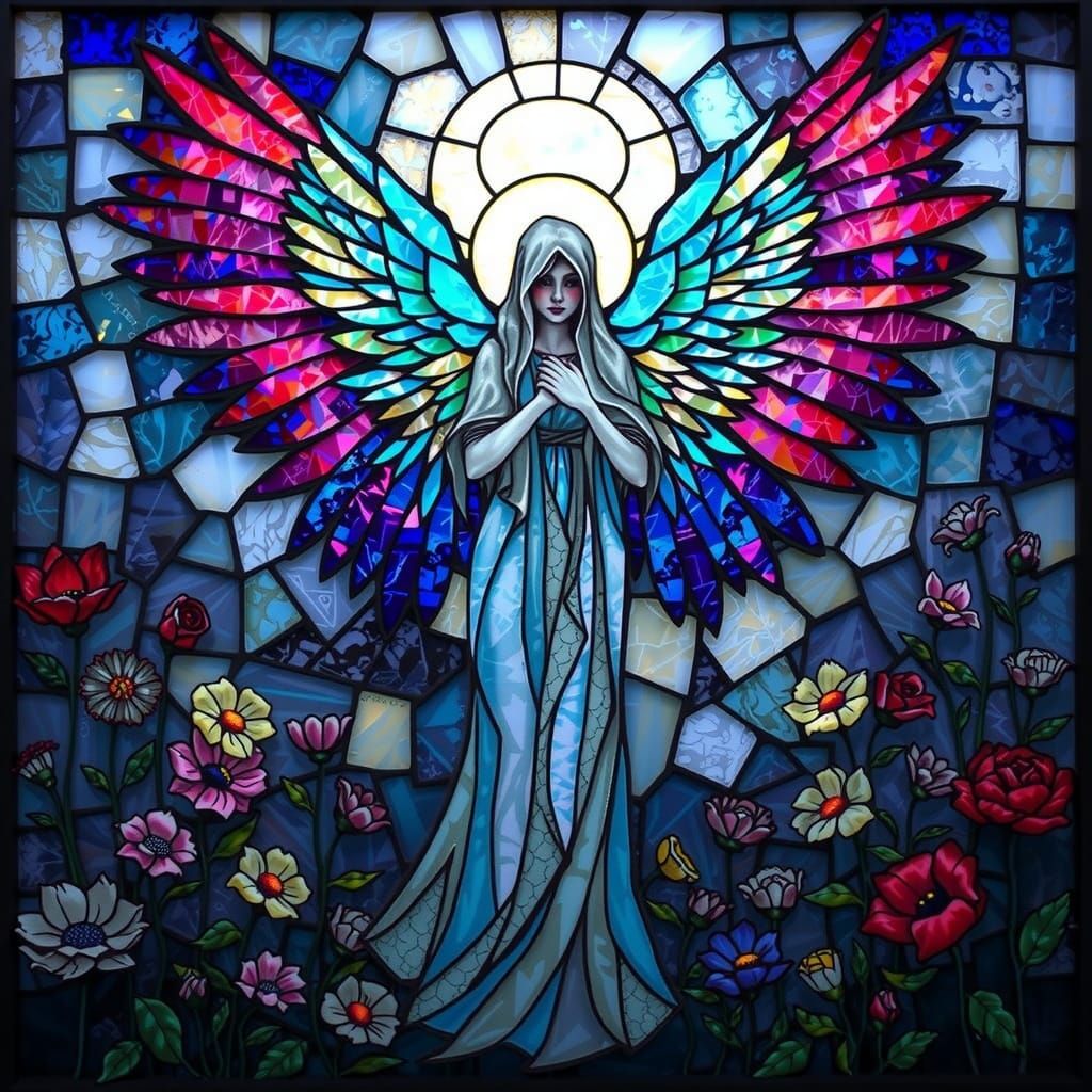 Serene Angel of Death in Stained Glass Mosaic