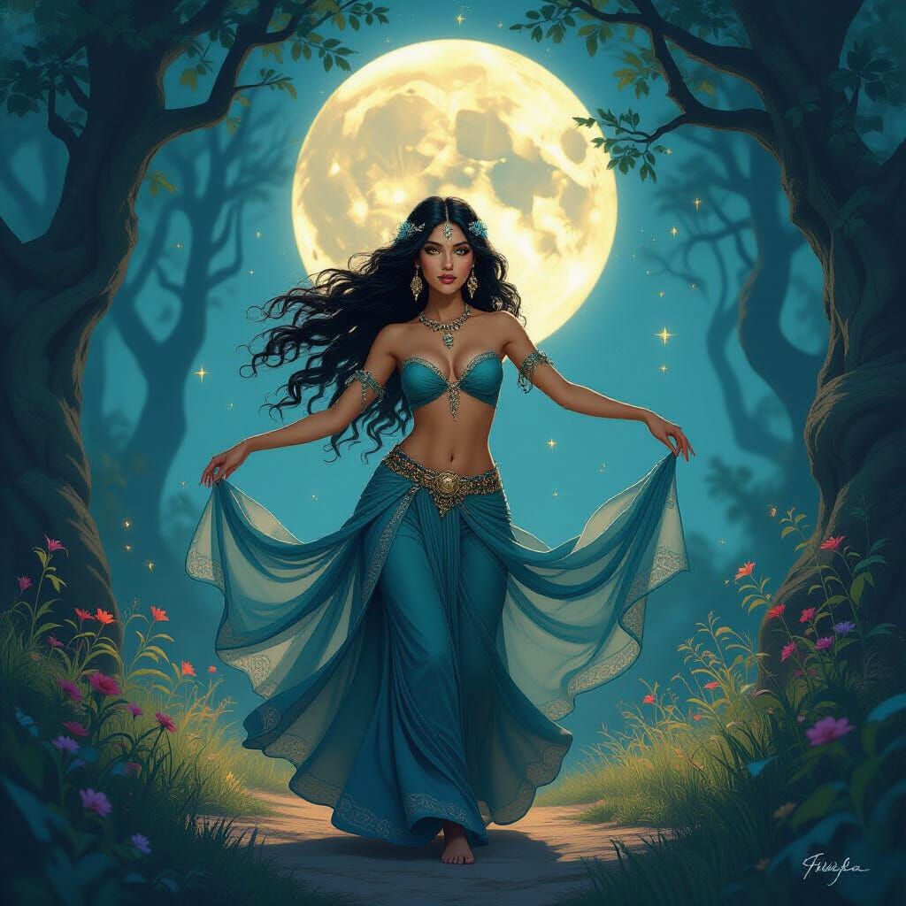 Gypsy Woman Dancing Under Moon in Fantasy Style