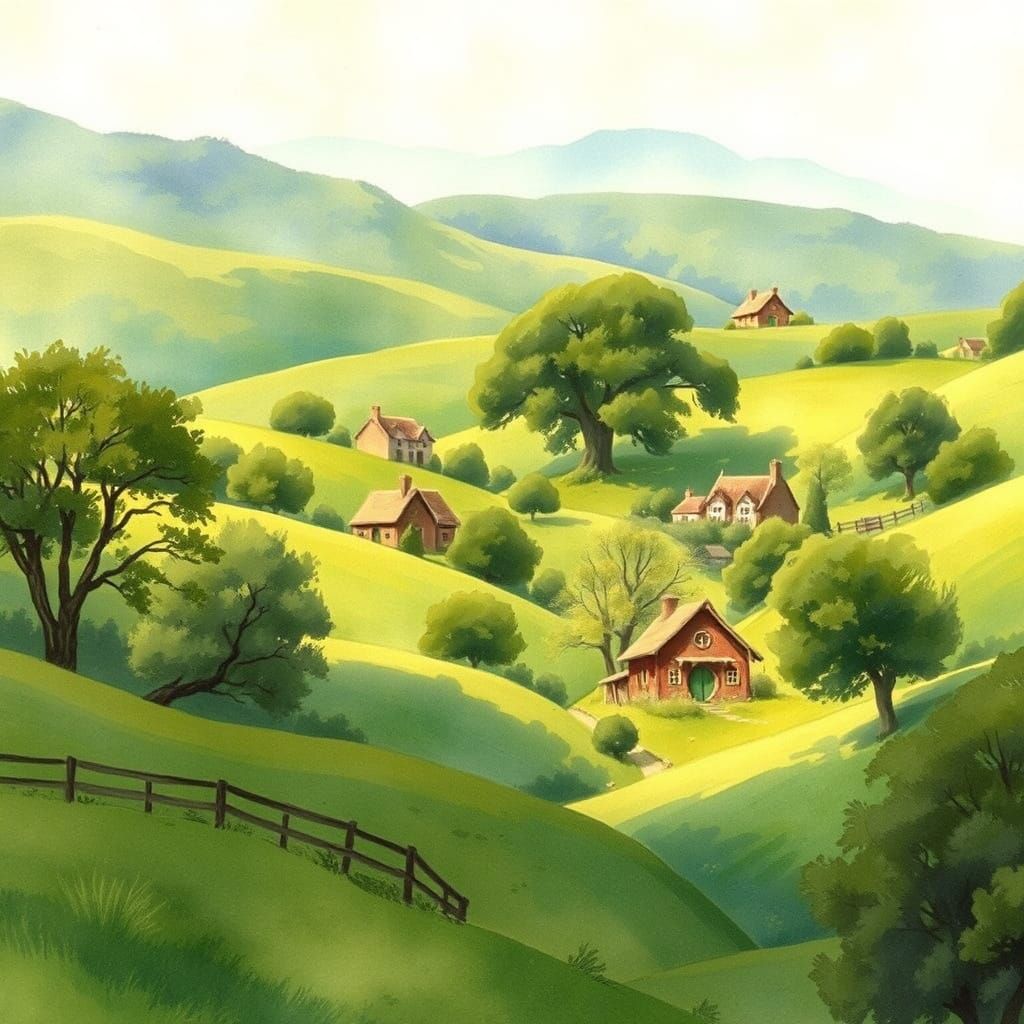 Whimsical Watercolor Landscape of a Peaceful Countryside