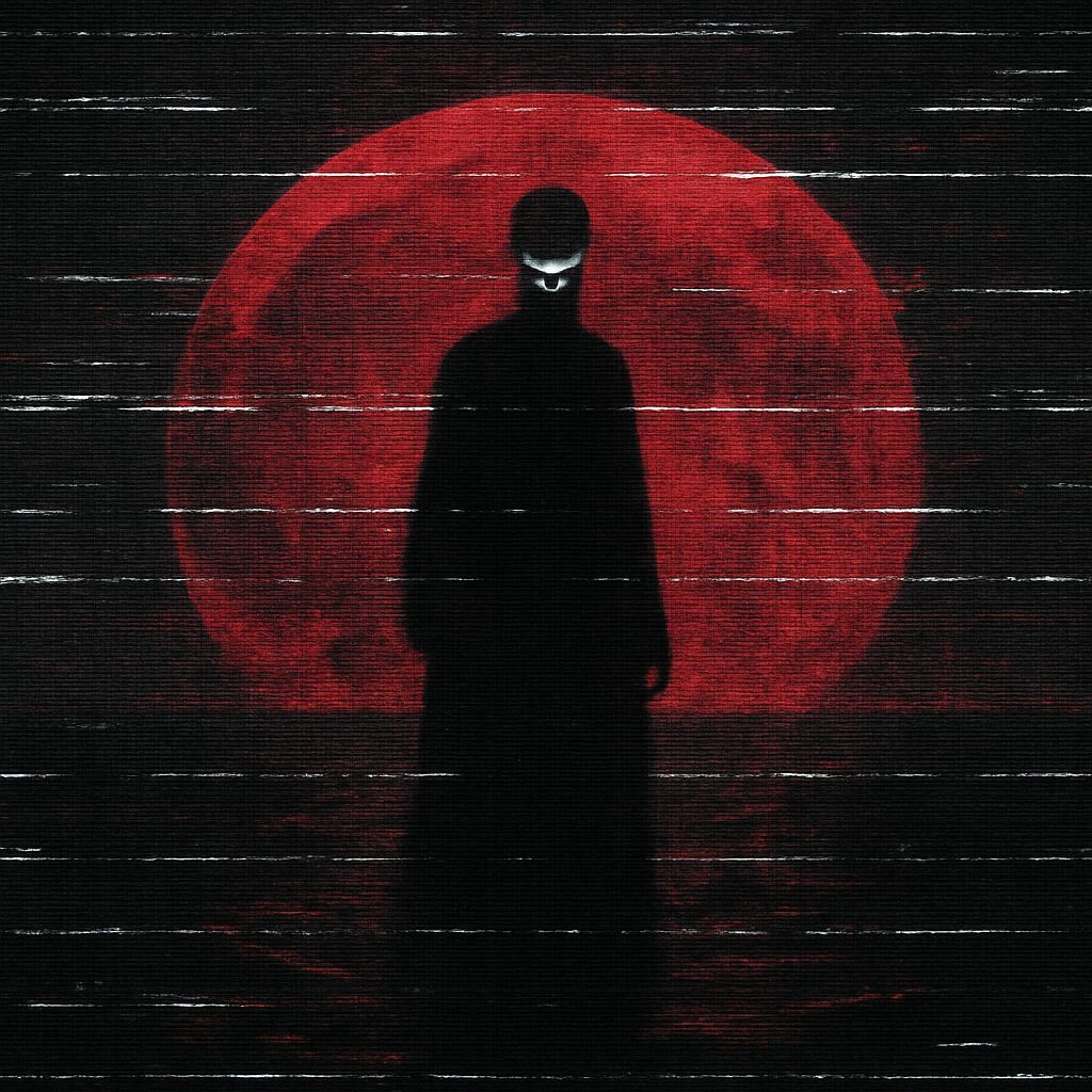 Glitching Figure Before Red Moon in Ink Ocean