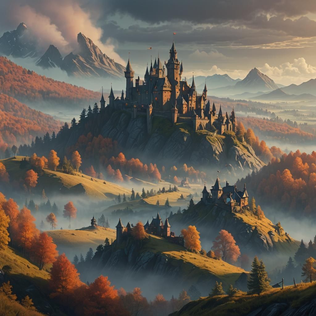Fantasy Landscape with Mystical Castle, Detailed Matte Paint...