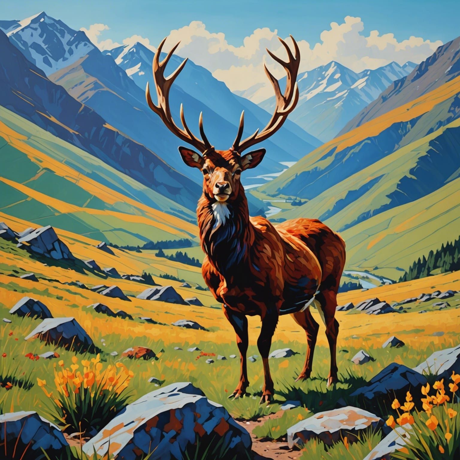 Abstract Stag in Bonnet with Mountains and Chicken