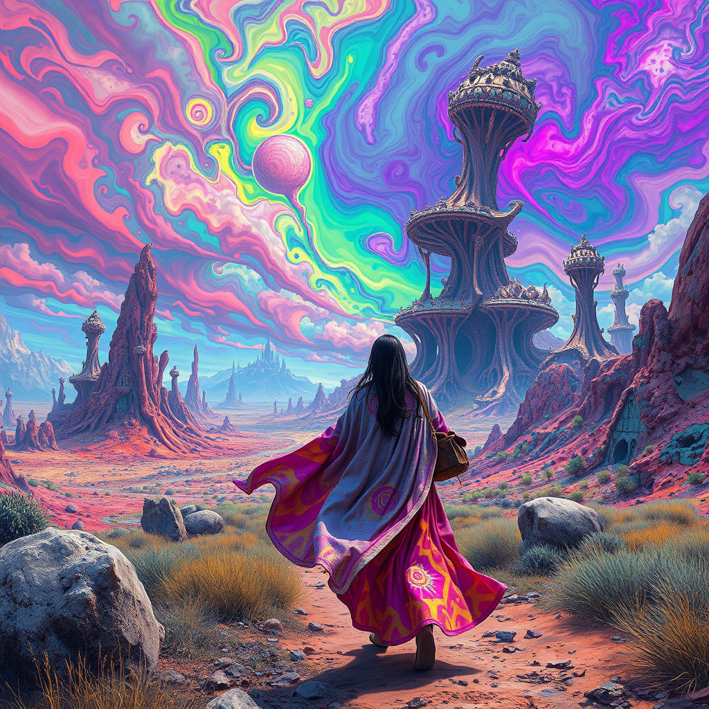 Psychedelic Traveler in Dreamlike Dystopian Landscape