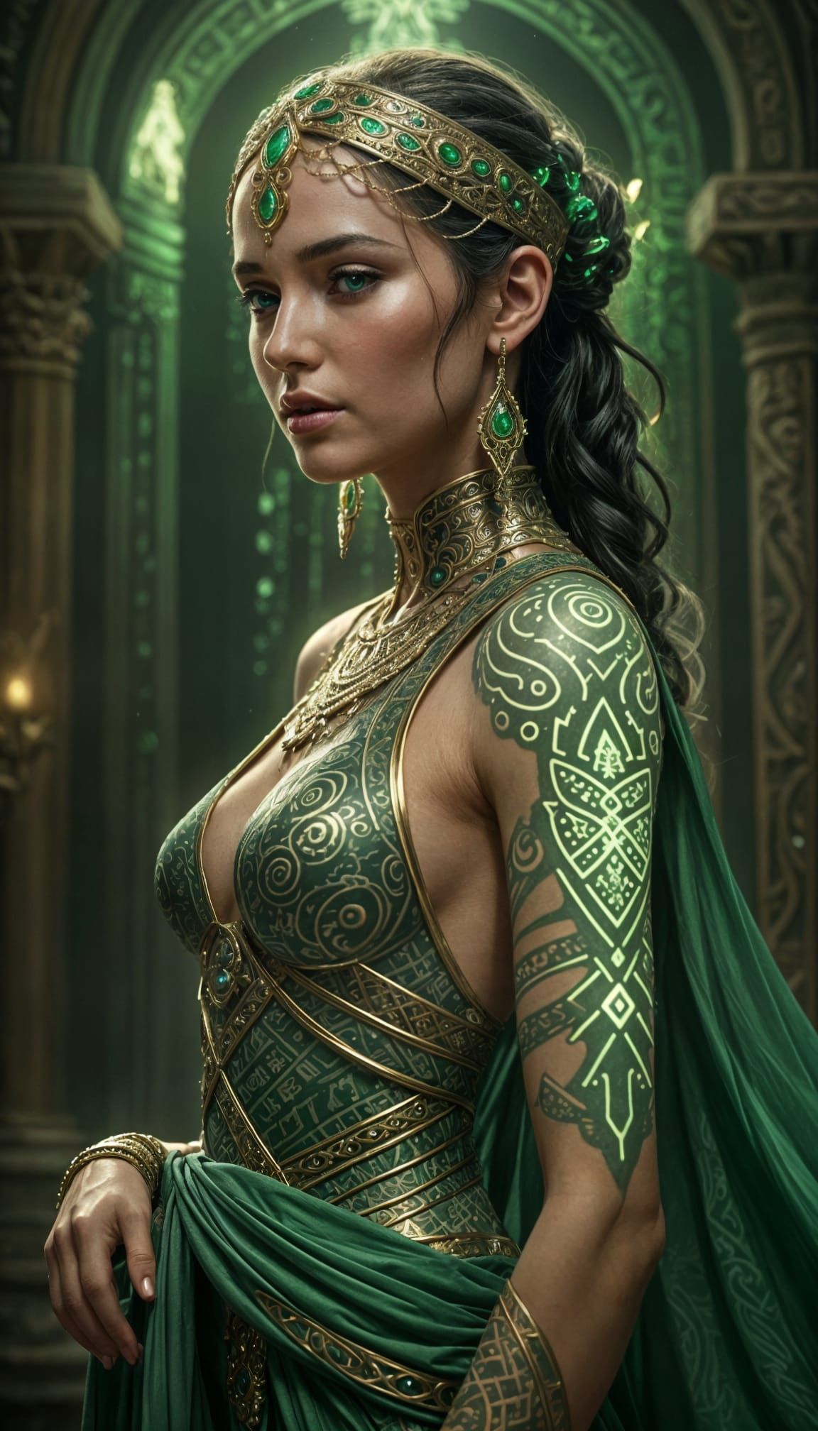 Goddess of AI Adorned in Glowing Binary Code Tattoos