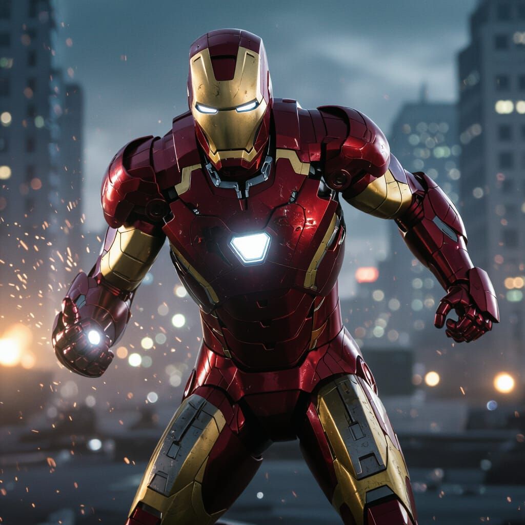 Iron Man in Dynamic Action Pose Over Cityscape