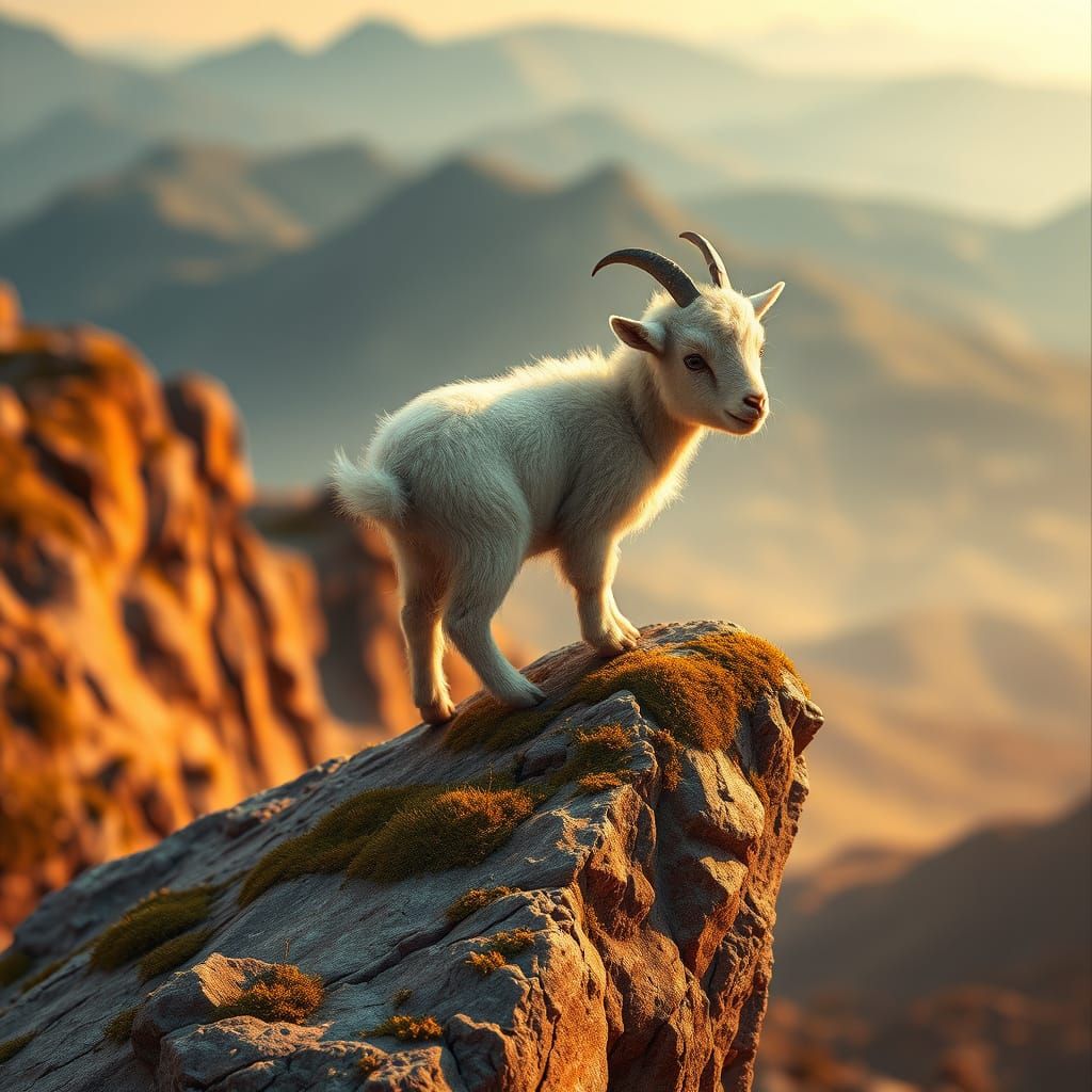 Whimsical Goat on Ancient Rock Formation in Dreamy Landscape