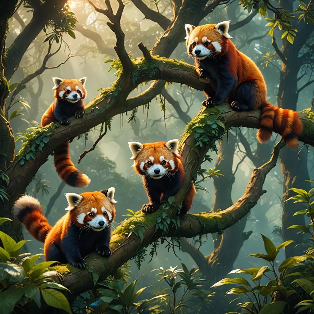 Red Pandas in Mystical Forest Concept Art