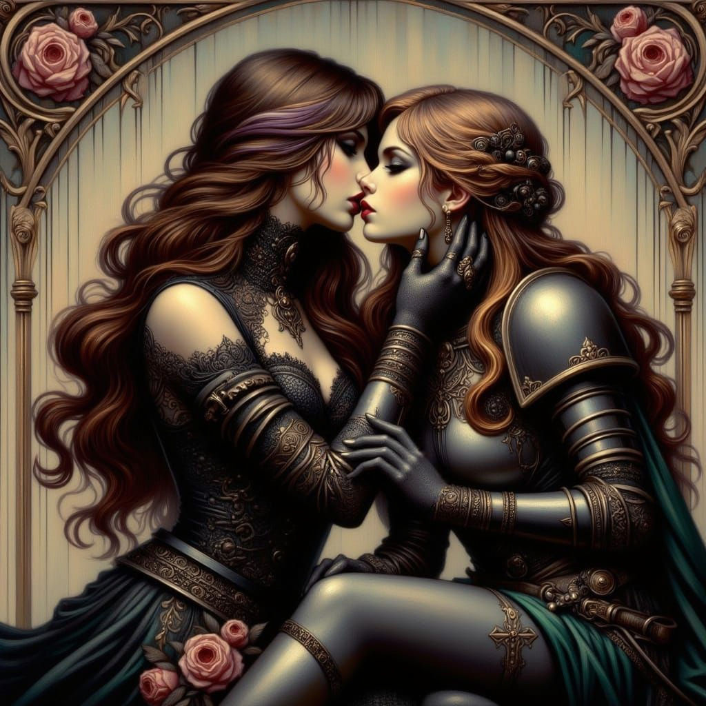 Romantic Kiss Between Woman and Knight, Pre-Raphaelite Style