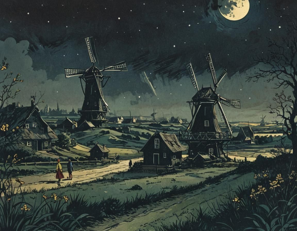 Dutch Windmill Landscape at Night as Vintage Comic