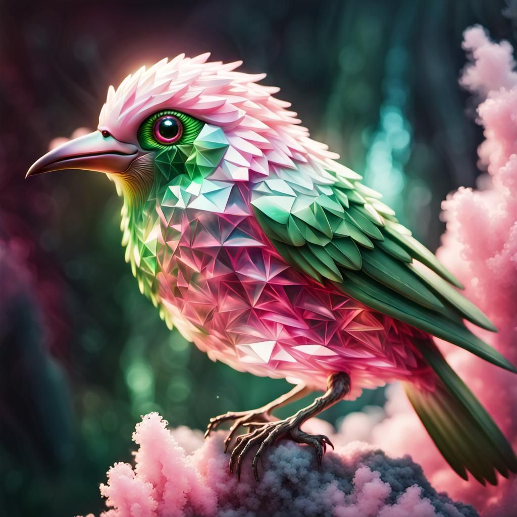 Pink and Green Crystal Bird in Fantasy Art