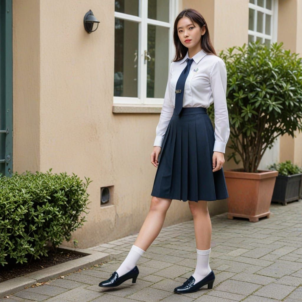 Japanese Schoolgirl Uniform with Unique Blouse in Courtyard