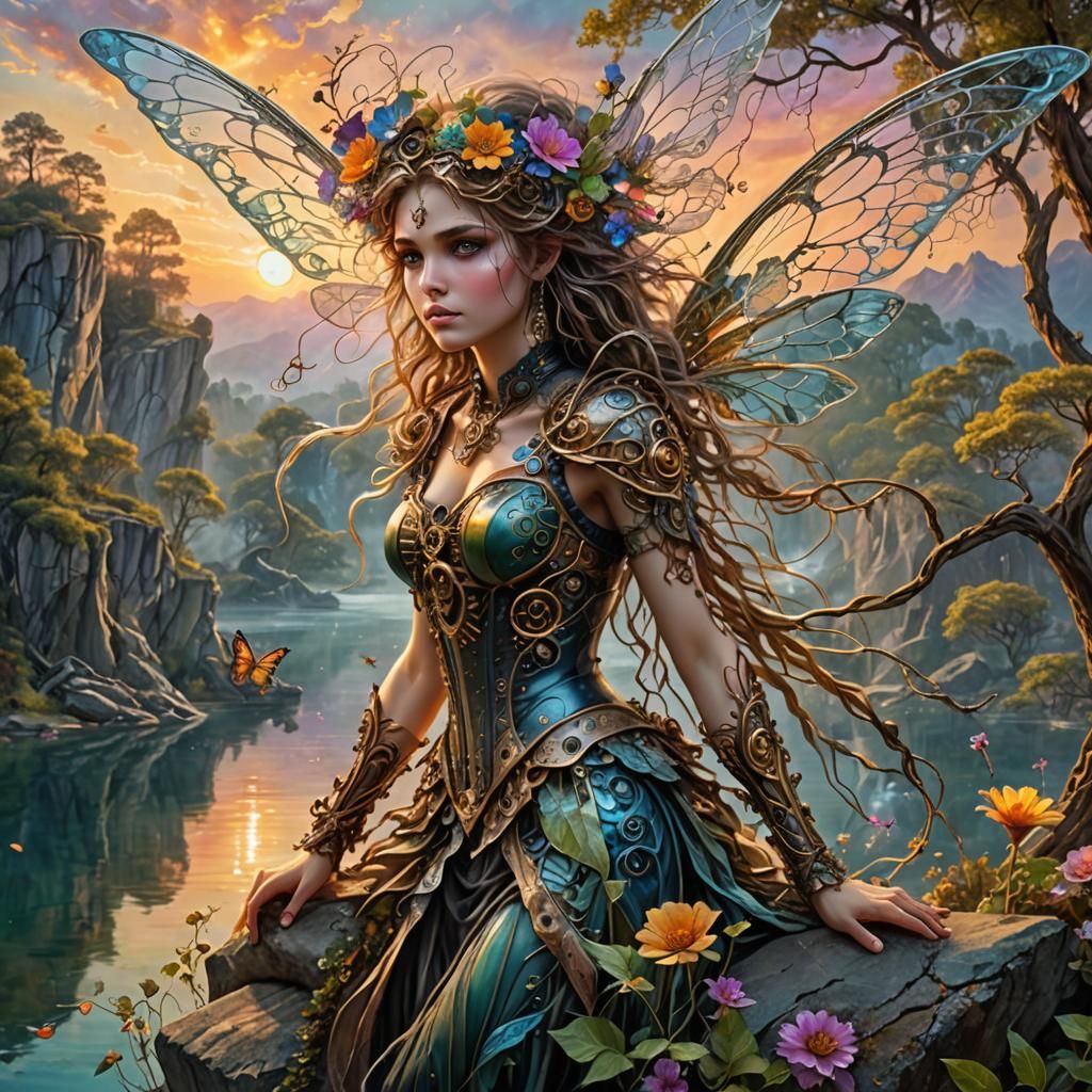 Steampunk Fairy over Neverland, Neorealistic Digital Art