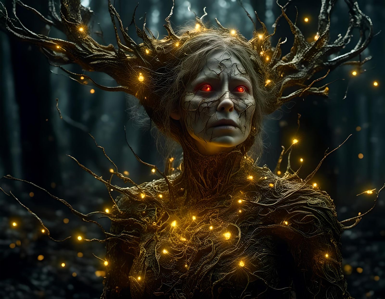 A demon woman in a dark forest.