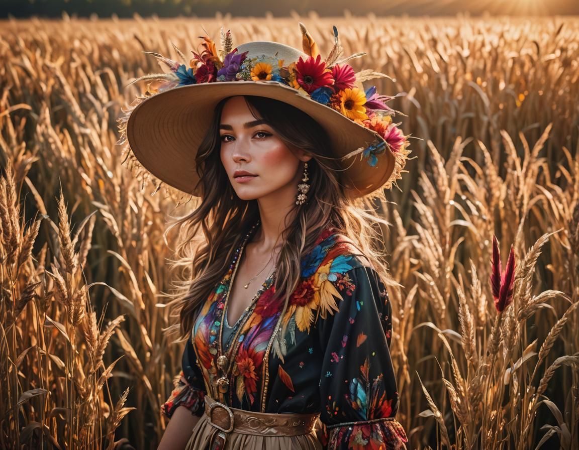Woman in Floral Hat in Wheat Field, Art Nouveau