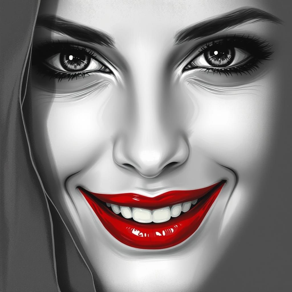Woman's Smiling Face in Grey and Red, in Impressionist Style