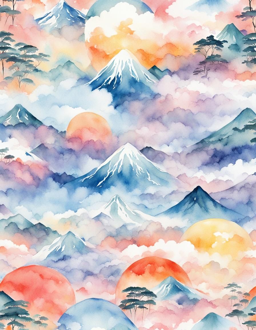 Japanese Pastel Summer Pattern in Watercolor Style