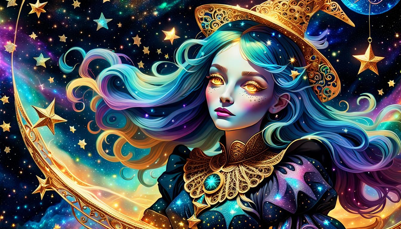 Luminous Cosmic Witch Floating Among Sparkling Stars