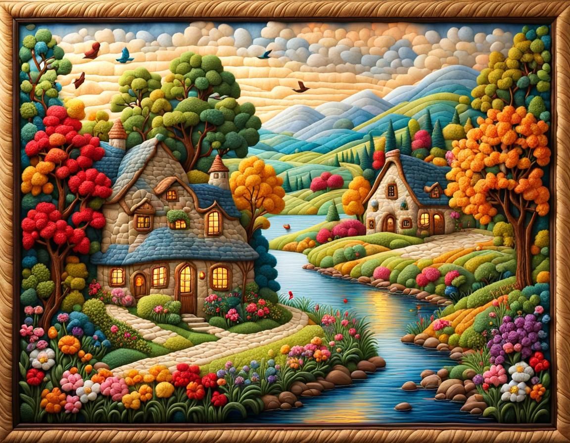 Enchanting Quilted Landscape Tapestry in Frame