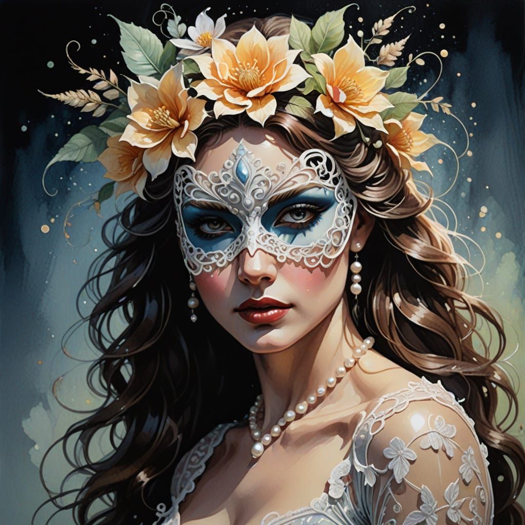 Flower Goddess in Lace Mask with Pearls, Oil Painting