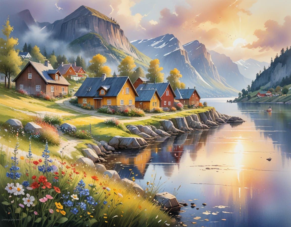 Nordic Village Watercolor Painting in Haenraets Style