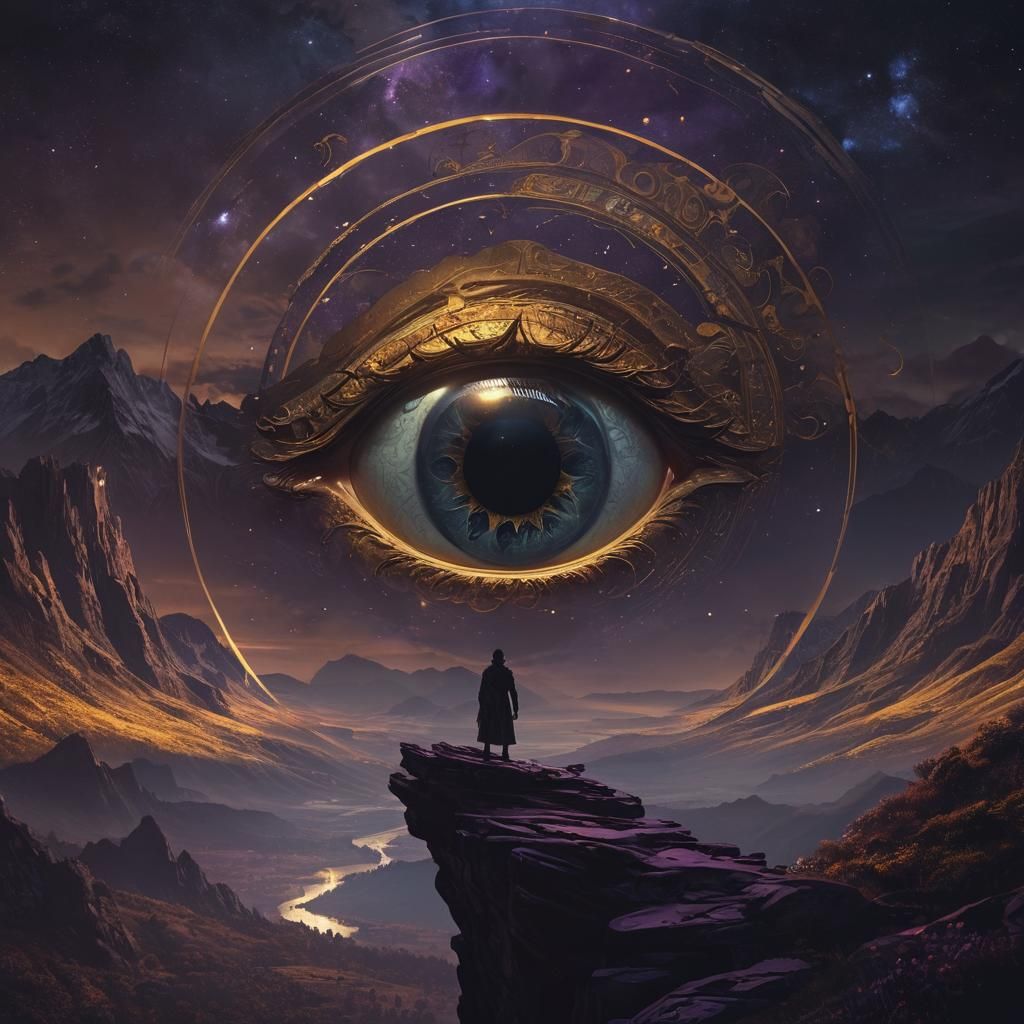 Giant Eye Over Dark Fantasy World in Art Nouveau Style