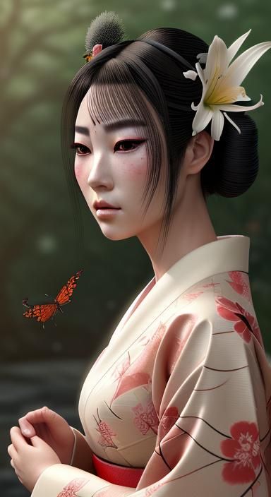 Geisha with Lily and Butterfly, Anime Fantasy Style