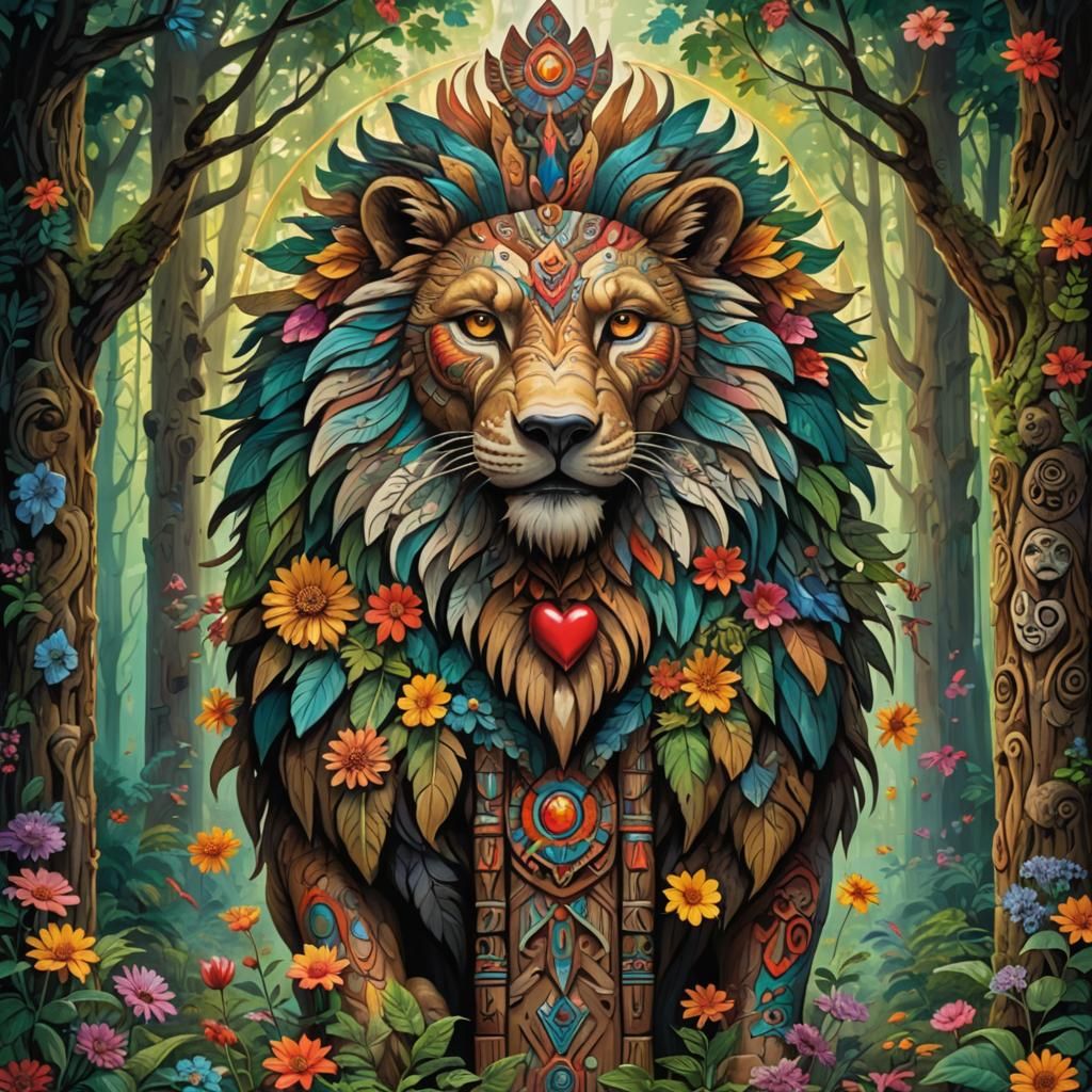Totem Pole of Lion, Eagle, Wolf in Vivid Forest