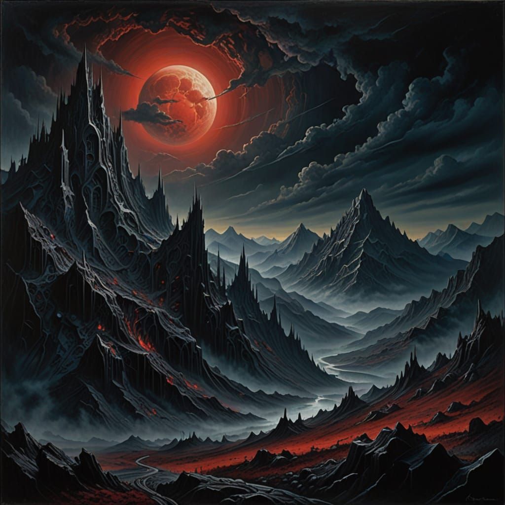 Crimson Moon Rises Over Majestic Mountains in Vibrant Oil Pa...