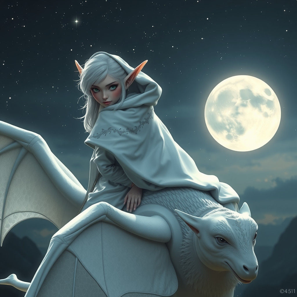 Elf on White Bat Soaring Under Moonlight