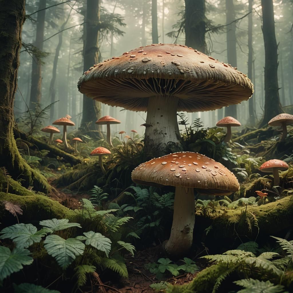 Giant Mushroom in Ancient Forest, Cinematic Film Still
