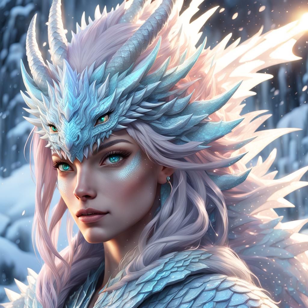 Icy Dragon Girl Portrait with Crystalline Hair