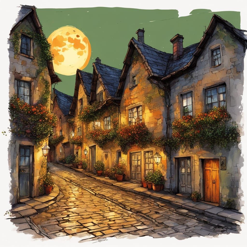 Quaint Village Street Scene in Rustic Vintage Style